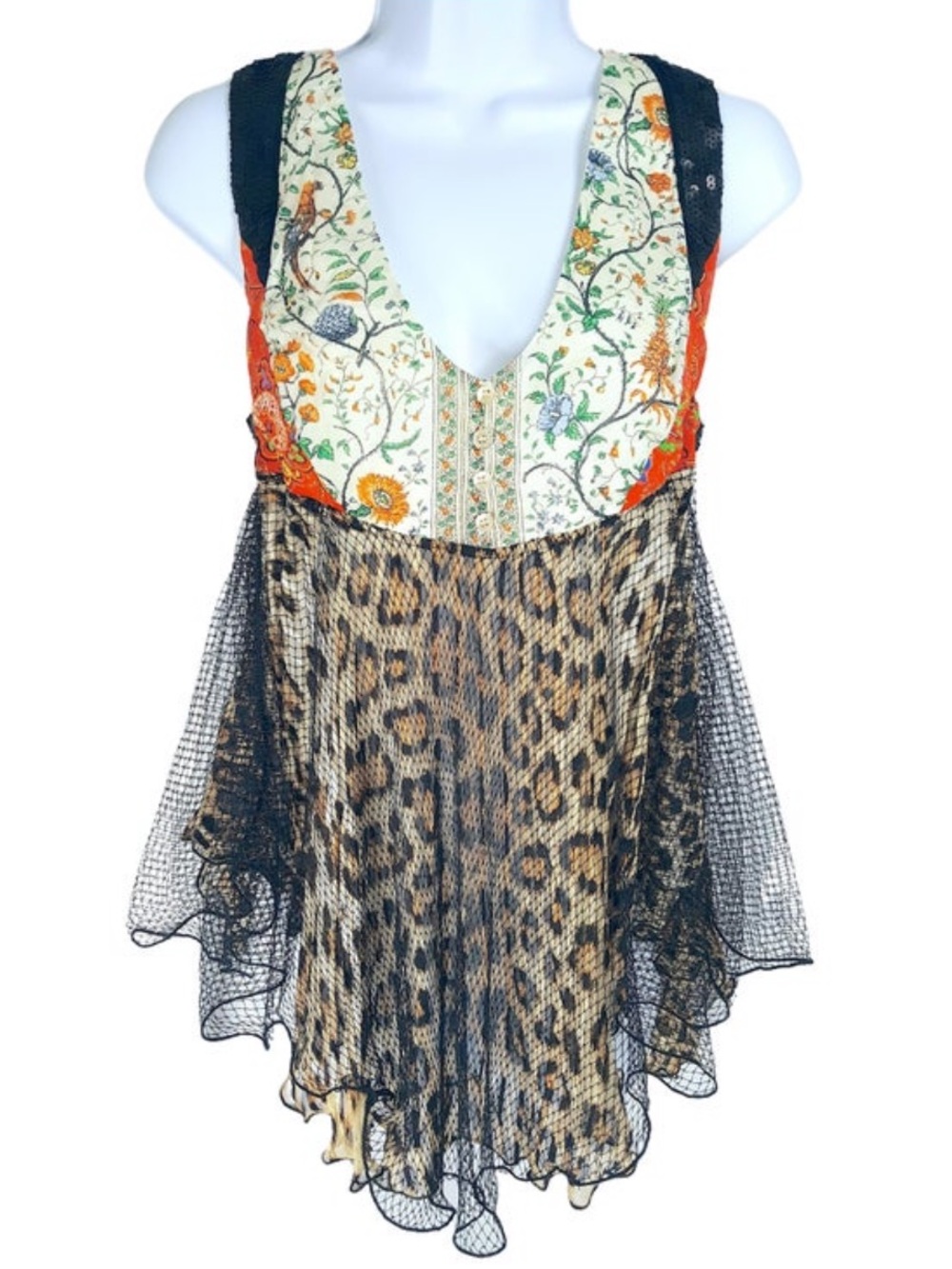 ROBERTO CAVALLI Leopard Tunic Floral Top Bodice Black/Tan/Cream VINTAGE 2008 46